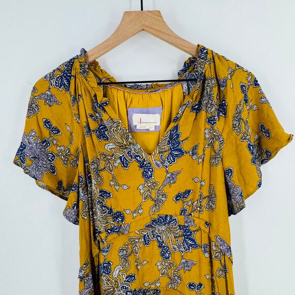 Anthropologie Boho Floral Midi Dress Mustard Yellow Blue Print Flutter Sleeve M - Picture 3 of 8